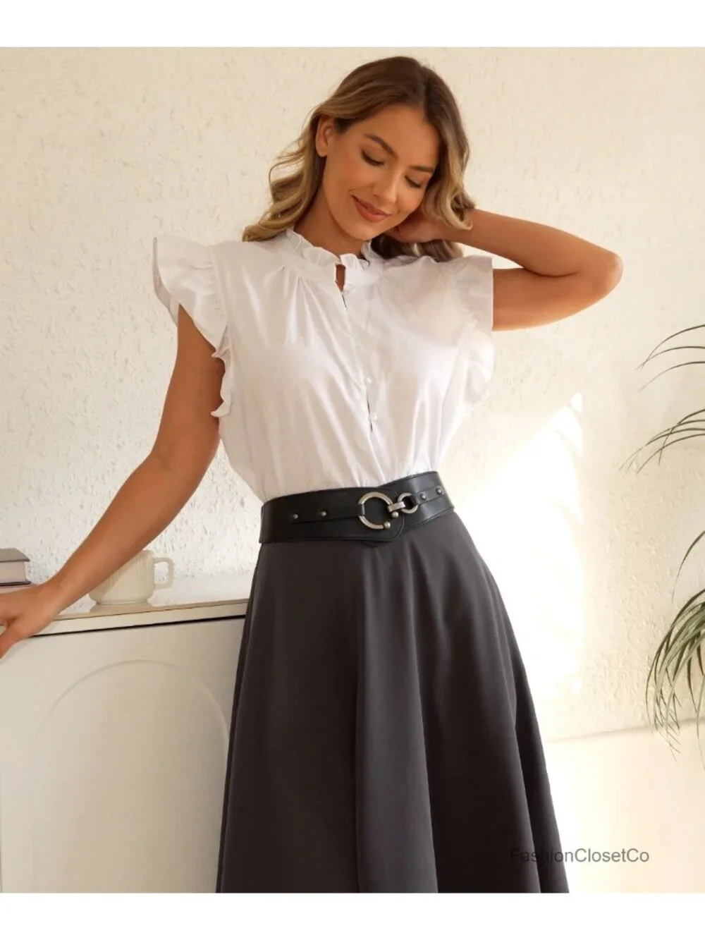 Wide Faux Leather Elastic Waist Belt with O-Ring Hook Closure
